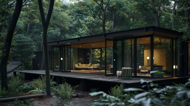 Sophisticated forest villa designed for luxury glamping, with a contemporary glass cottage providing an intimate retreat in the nighttime forest. --ar 16:9 --v 6.0 - Image #2 @Zubi