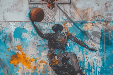 A Painting of a Basketball Player Dunking a Basketball, Graffiti-style depiction of a basketball player on a street wall, bringing a gritty urban feel, AI Generated
