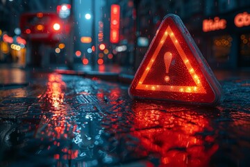 Red Triangle Sign on Wet Street