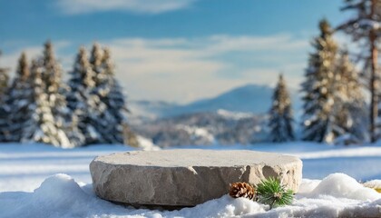 : Empty round stone platform podium for product or cosmetics advertising presentation with winter landscape background. Minimal composition background