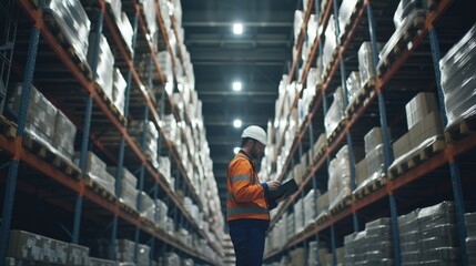 A warehouse employee in a high visibility vest uses a digital tablet to manage inventory in a large distribution center. AIG41 - obrazy, fototapety, plakaty