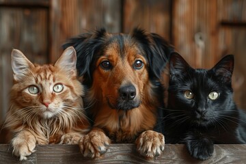 Dog and Two Cats Sitting on Wooden Table