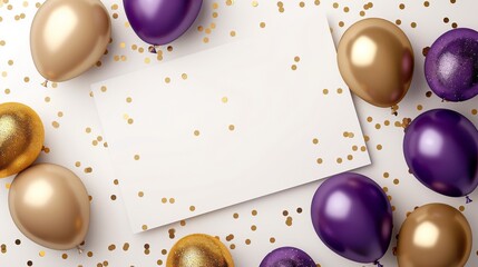 Golden and purple balloons with glitter decoration. Template for birthday greeting card. Empty copyspace for your text