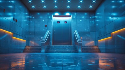 Desolate Elevator With Blue Lights and Stairs