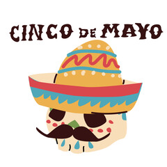 mexican skull with folk ornament in sombrero hat, isolated icon. Vector illustration can used for cinco de mayo banner, greeting card, label.