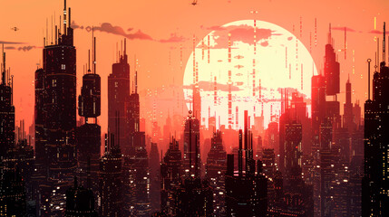 The sun setting over a city skyline filled with towering skyscrapers, casting a warm glow over the urban landscape. Game Background. Cyber punk. Banner. Copy space