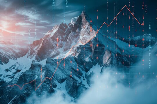 A photo capturing the juxtaposition of a mountain with a line graph rising into the sky, Graph lines with currency symbols climbing steep mountains, AI Generated