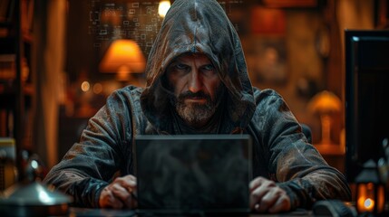 Man Working at Table With Laptop