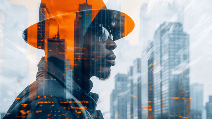 Double exposure portrait of a fashionable man with a vibrant cityscape superimposed, creating a dynamic urban visual