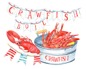 Seafood Crawfish Boil, Louisiana clipart, Shrimps, Fish, Beer, Squid Kitchen Illustration, printable poster. Isolated element on a white background. Hand painted in watercolor.