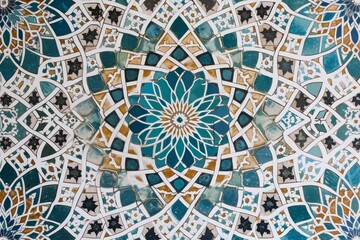 The close up reveals a vibrant and intricate tile design captured in stunning detail, Hand-drawn pattern of Islamic geometric art, AI Generated