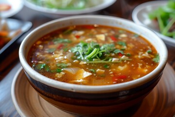 A bowl of hot soup sits on a plate placed on a wooden table, Happiness in a warm bowl of hot and sour soup, AI Generated