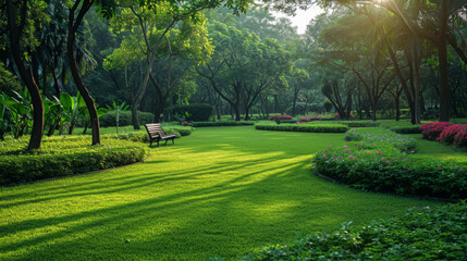 Tranquil urban park featuring a wooden bench, manicured shrubbery, and vibrant flower beds bathed in soft sunlight.