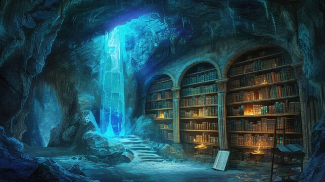 An ancient library filled with magical books, glowing orbs, and mystical artifacts. Shelves reach up to a high, vaulted ceiling, with soft light filtering through stained glass windows. Resplendent.