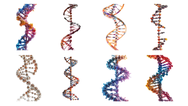 Various 3D models of DNA strands in multiple colors, cut out transparent
