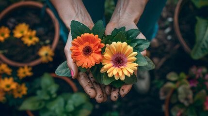 The person is holding two flowers, small terrestrial plants with colorful petals and pollen,...