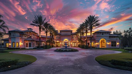 The allure of a luxury home unfolds as the sun sets, casting a mesmerizing palette of colors over its grand architecture. 