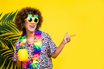 Photo of excited funky woman wear print shirt dark glasses drinking cocktail showing empty space...