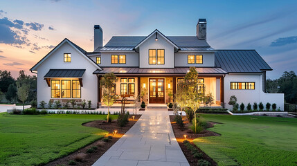 The modern farmhouse luxury home exterior comes alive at twilight, offering a glimpse of refined living amidst nature's beauty. --ar 16:9 --v 6.0 - Image #3 @Zubi