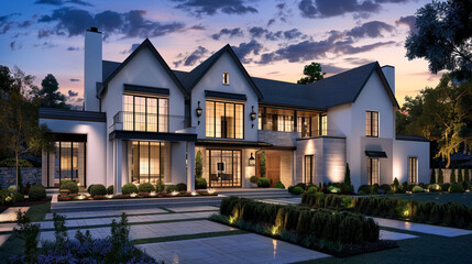 The modern farmhouse luxury home exterior glimmers in twilight, a vision of contemporary elegance and tranquility. --ar 16:9 --v 6.0 - Image #4 @Zubi