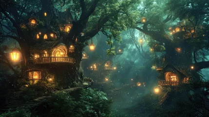Gordijnen A fantasy scene of a hidden elven city in an ancient forest, with magical treehouses and glowing lights. Resplendent. © Summit Art Creations
