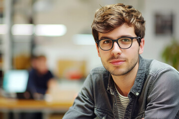 Confident young professional with glasses sitting in a creative office environment