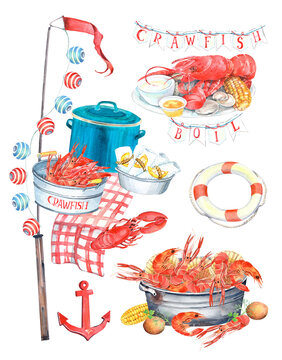 Seafood Crawfish Boil, Louisiana clipart, Shrimps, Fish, Beer, Squid Kitchen Illustration, printable poster. Isolated element on a white background. Hand painted in watercolor.