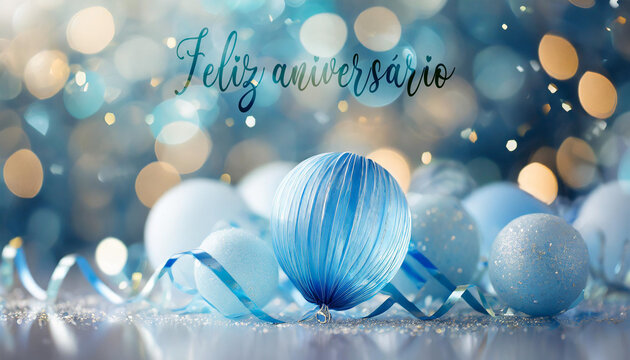 ilustração de um cartão para desejar feliz aniversário representado por bolas e fitas azuis sobre um fundo com círculos de diversas cores em efeito bokeh