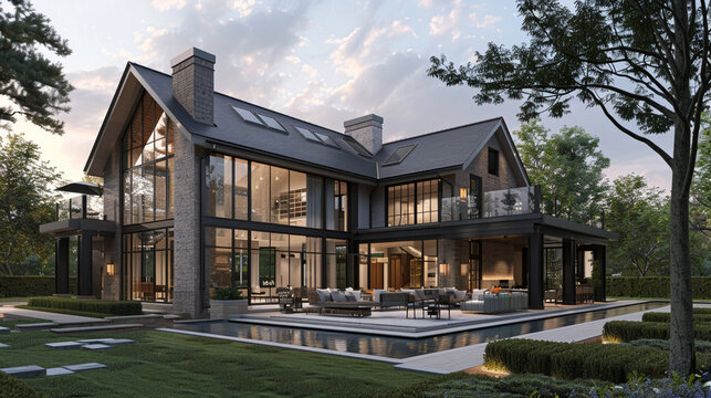 Twilight captures the allure of a modern farmhouse luxury home exterior, radiating warmth and sophistication. --ar 16:9 --v 6.0 - Image #3 @Zubi