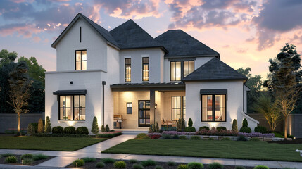Twilight captures the allure of a modern farmhouse luxury home exterior, radiating warmth and sophistication. --ar 16:9 --v 6.0 - Image #2 @Zubi