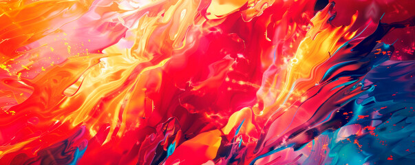 Dynamic painting featuring myriad different colors swirling, intermingling in intricate patterns, creating visually stimulating effect. Dynamic, abstract composition. Colored smoke. Banner. Copy space - obrazy, fototapety, plakaty