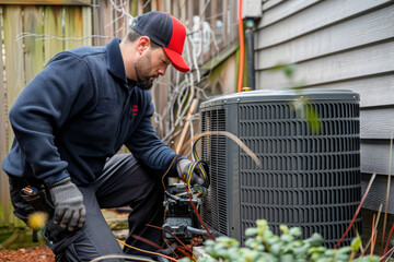 Professional technician servicing an air conditioner unit outdoors