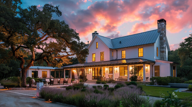 Twilight casts a magical spell on the modern farmhouse luxury home exterior, enhancing its allure and grace. --ar 16:9 --v 6.0 - Image #2 @Zubi