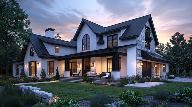 Twilight envelops the modern farmhouse luxury home exterior, creating a sense of peace and tranquility in its serene surroundings. --ar 16:9 --v 6.0 - Image #1 @Zubi
