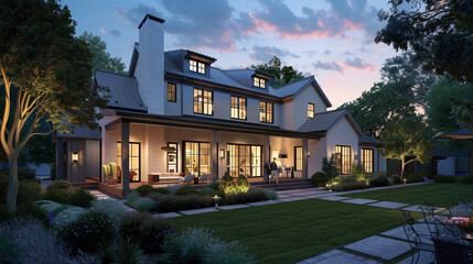 Twilight envelops the modern farmhouse luxury home exterior, creating a sense of peace and tranquility in its serene surroundings. --ar 16:9 --v 6.0 - Image #3 @Zubi