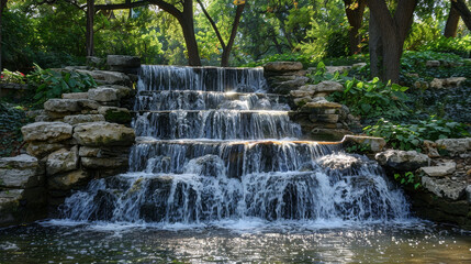 Serenity at the park: cascading artificial waterfall surrounded by lush greenery