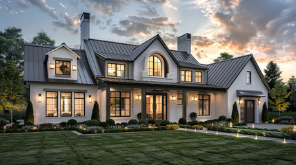 Twilight transforms the modern farmhouse luxury home exterior into a vision of elegance and serenity, a perfect retreat at day's end. --ar 16:9 --v 6.0 - Image #4 @Zubi