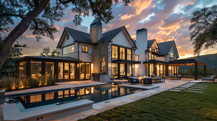 Twilight unveils the modern farmhouse luxury home exterior, a blend of contemporary style and natural beauty. --ar 16:9 --v 6.0 - Image #3 @Zubi