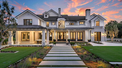 Twilight unveils the stunning modern farmhouse luxury home exterior, blending sophistication with natural beauty. --ar 16:9 --v 6.0 - Image #3 @Zubi