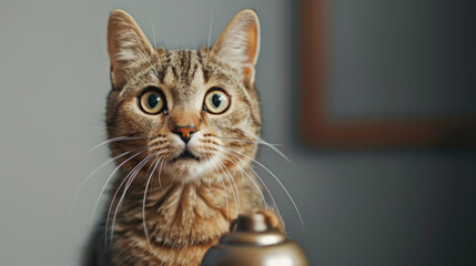 A cat pet acting like master, ringing a bell for attention, ordering for food and services.