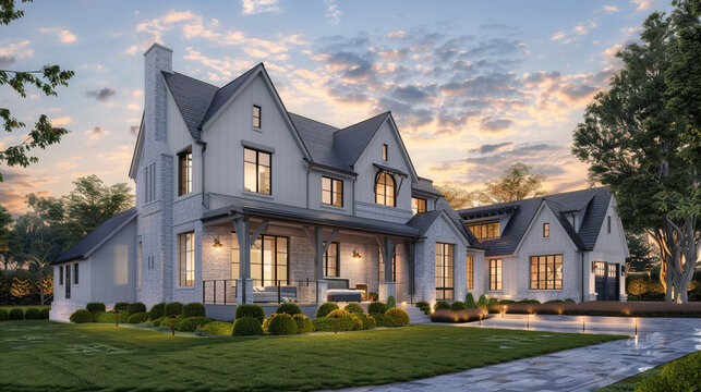 Twilight unveils the stunning modern farmhouse luxury home exterior, blending sophistication with natural beauty. --ar 16:9 --v 6.0 - Image #4 @Zubi