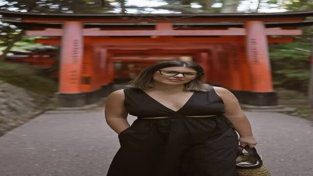 Beautiful hispanic woman in glasses emotes a serious expression while standing at fushimi's torii gates - kyoto's iconic orange wooden pathway