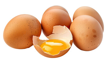 Group of brown raw chicken eggs, one is broken, yolk egg visible, isolated on transparent, studio shot 