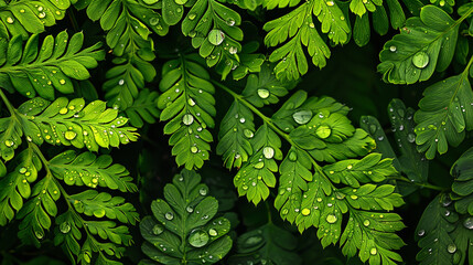 Water droplets clinging to the surface of vibrant green fern fronds, creating a captivating abstract pattern. Against the backdrop of a dense forest.