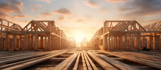 Fototapeta premium Wooden frame structure at construction site. New houses are built on empty land. Real estate development