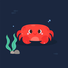 Cute cartoon crab, vector illustration on the background of the underwater world