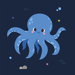 Cute cartoon octopus, vector illustration on the background of the underwater world