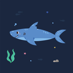 Cute cartoon shark, vector illustration on the background of the underwater world