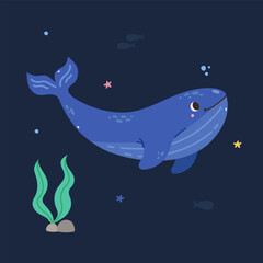 Cute cartoon whale, vector illustration on the background of the underwater world
