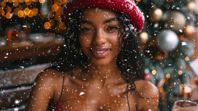 Black young woman close-up.  Christmas and new year decorations background, with glass balls. Black woman wearing a red Christmas hat. Christmas social media marketing. Generative AI.